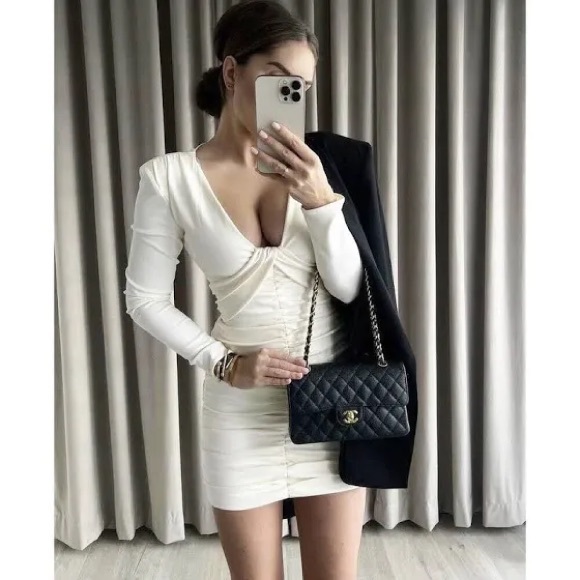 Zara Dresses Zara Ruched Cream Body Con Dress Poshmark